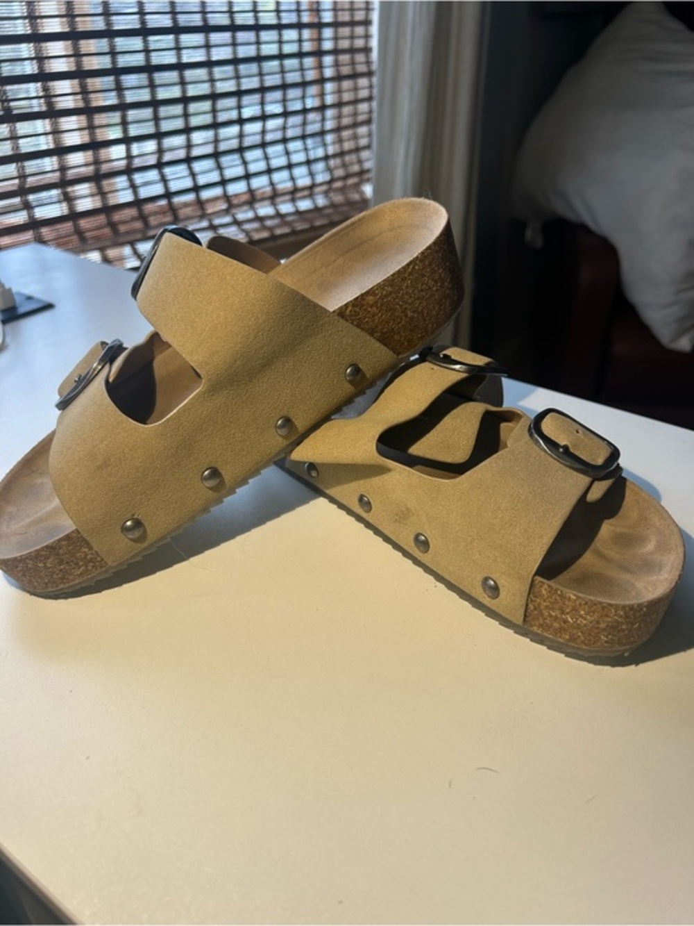 MIA Studded Double-Buckle Suede Slide Sandals in Tan